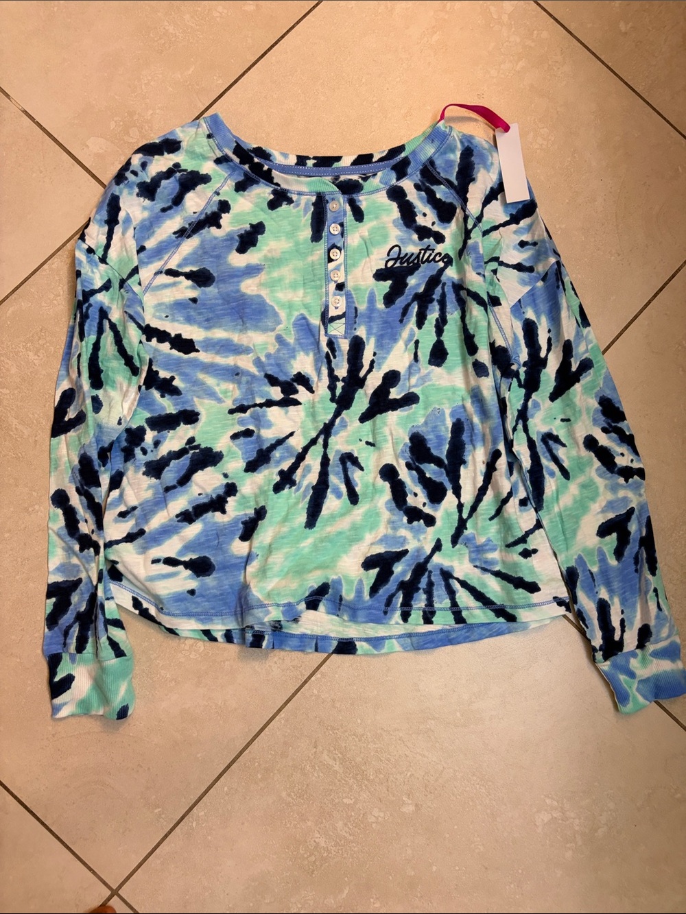 Justice Blue and Aqua Tie-Dye Henley Long Sleeve Top
